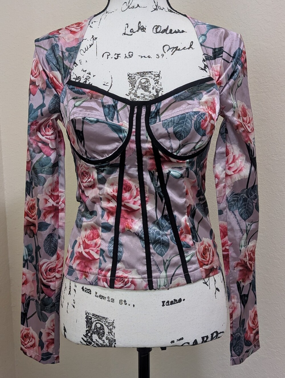 NWT•PrettyLittleThing Dusty Rose Floral Print Sheer Corset Top Long Sleeve•Size0